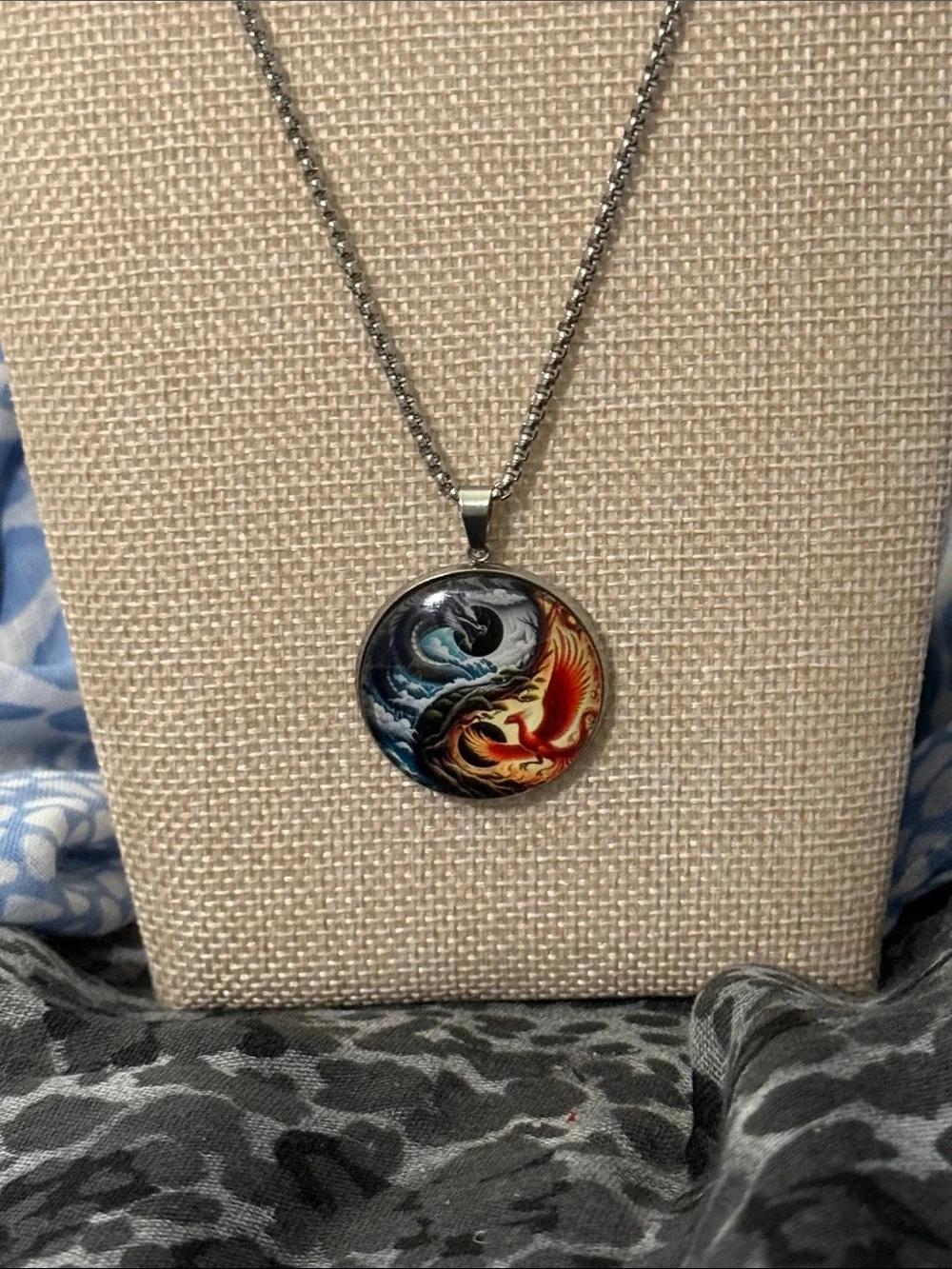 Blue & Orange Yin Yang Phoenix and Dragon Pendant Necklace
